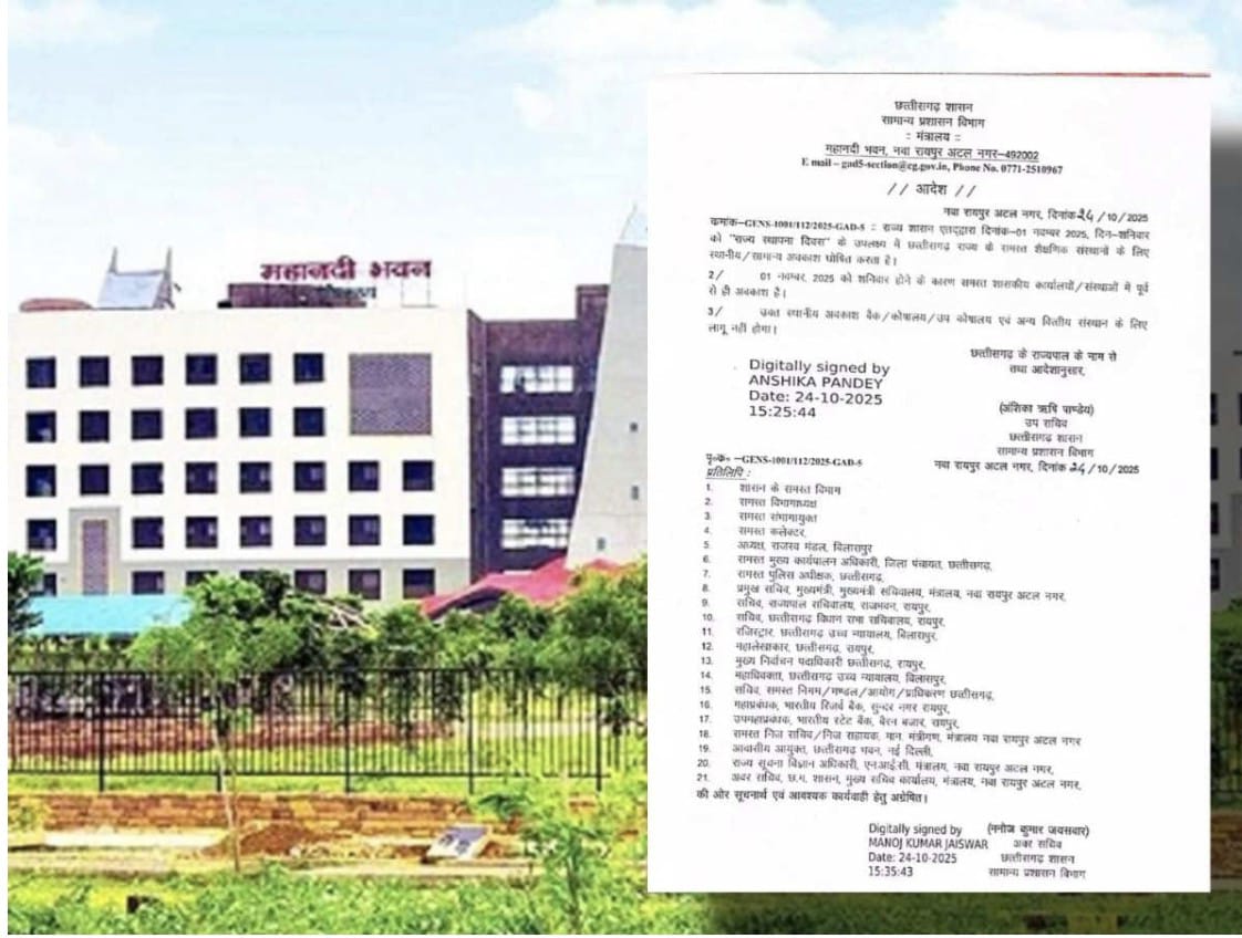 BREKING news : 1 नवंबर को छत्तीसगढ़ के सभी स्कूल – कॉलेजों में रहेगी छुट्टी आदेश जारी ..